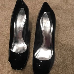 BCBG black patent leather open toe heels